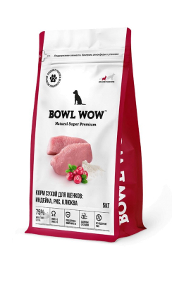 Корм сухой полнорационный BOWL WOW для щенков средних пород собак с индейкой, рисом и добавлением клюквы 5 кг