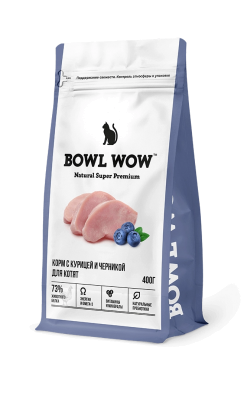 Корм сухой полнорационный BOWL WOW с курицей и черникой для котят 400 гр