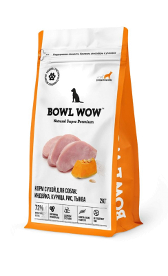 Корм сухой полнорационный BOWL WOW для взрослых собак крупных пород с индейкой, курицей, рисом и добавлением тыквы 2 кг