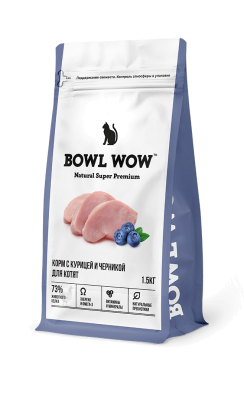 Корм сухой полнорационный BOWL WOW с курицей и черникой для котят 1,5 кг
