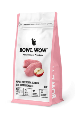 Корм сухой полнорационный BOWL WOW с индейкой и яблоком для взрослых кошек 4 кг